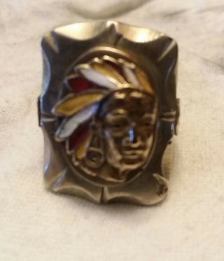 Vintage Mexican Bikers Ring 1940s To 1950s Indian Chief W.  Headdress In Enamel