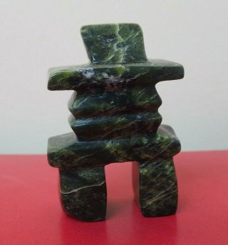 Fine Vintage Canadian Eskimo Inuit Carved Green Stone Inukshuk Figure Signed Nr