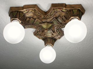 Antique Vintage 20 ' s MARKEL 3 - D Art Deco Ceiling Light Fixture CHANDELIER 2