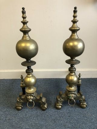 Vintage Large Brass Footed Andirons With Lion Head Knocker