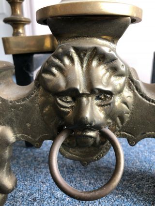 Vintage Large Brass Footed Andirons With Lion Head Knocker 3