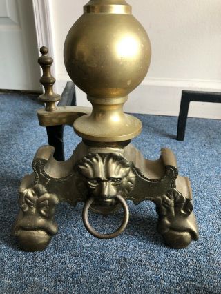 Vintage Large Brass Footed Andirons With Lion Head Knocker 4