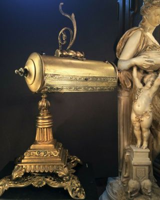 Fine Antique French Brass Louis Xiv Style Swivel Neck Desk Lamp W/jewels,  C1910