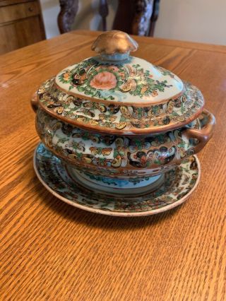 Antique Chinese Famille Rose Butterfly Tureen Old Estate
