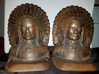 Antique / Old Solid Bronze Indian Chief Bookends - Indian Head Book Ends