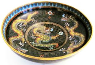Antique C.  1900 Quing Dynasty Chinese Cloisonne 5 Claw Dragon Pearl Plate Dish 3 "