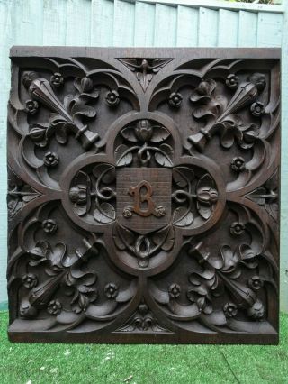 18thc Gothic Wooden Oak Relief Carved Panel With Tracery Carvings C1790s