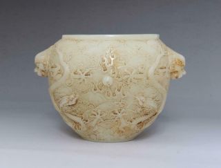 Old Rare Chinese White Jade Incense Burner With Double Dargons (e187)