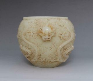 OLD RARE CHINESE WHITE JADE INCENSE BURNER WITH DOUBLE DARGONS (E187) 2