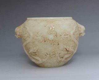OLD RARE CHINESE WHITE JADE INCENSE BURNER WITH DOUBLE DARGONS (E187) 3