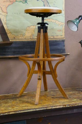 Vintage Oak Architect Industrial Drafting Stool,  Crank Seat Drafting Table Chair
