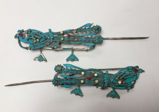 Two Antique Phoenix - Shaped Chinese Kingfisher Feather Hair Ornaments