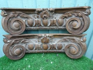 Pair:18thc Gothic Wooden Oak Carvings With Leaves,  Scrolls & Other C1780s