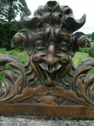 MAGNIFICENT 19thc GOTHIC MAHOGANY CARVED HORNED DEVILISH HEAD PEDIMENT C.  1860 ' s 11