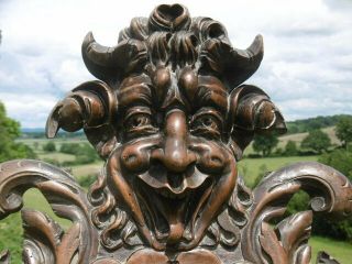 MAGNIFICENT 19thc GOTHIC MAHOGANY CARVED HORNED DEVILISH HEAD PEDIMENT C.  1860 ' s 12