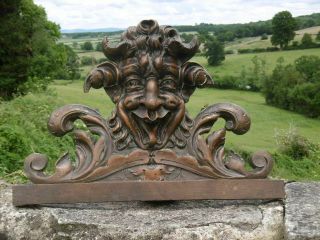 MAGNIFICENT 19thc GOTHIC MAHOGANY CARVED HORNED DEVILISH HEAD PEDIMENT C.  1860 ' s 2