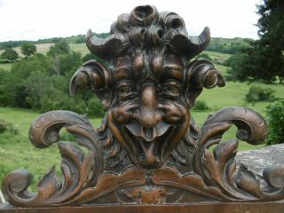 MAGNIFICENT 19thc GOTHIC MAHOGANY CARVED HORNED DEVILISH HEAD PEDIMENT C.  1860 ' s 9