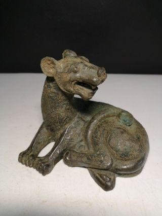 Chinese Bronze Seated Tiger Statues Geometry Vein Tiger Statues