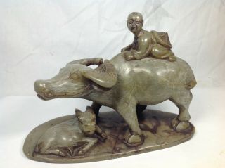 A Fine Antique Chinese Soapstone Carving Of A Recumbent Water Buffalo And A Boy