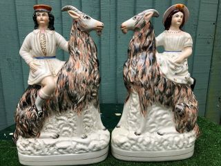 Mid 19thc Staffordshire Figurines Seated On Horned Goats C1860s