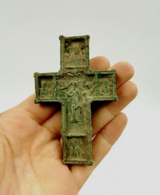 Rare Large Medieval Ca.  1100 Ad Bronze Decorated Cross Depicting Jesus R265
