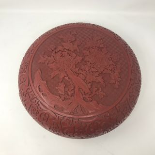 Large 12 " Round Chinese Carved Cinnabar Lacquer Box Marked Vgc Htf