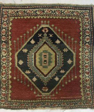 Vintage Antique Persian Wool Prayer Rug Rust Blue Geometric Design 26x28 In