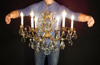 Opulent Brass Mid Century 6 Arm 6 Lite Authentic Lead Cut Crystal Chandelier