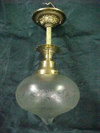 Antique Hallway Light Fixture With Deep Etched Pointed Ball Glass Shade Restored