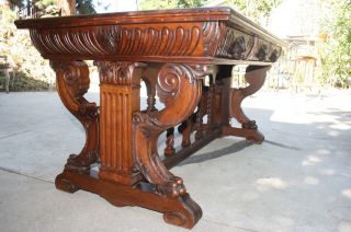 Antique Carved Wooden Dining Table With Lion Heads And Storage Drawers