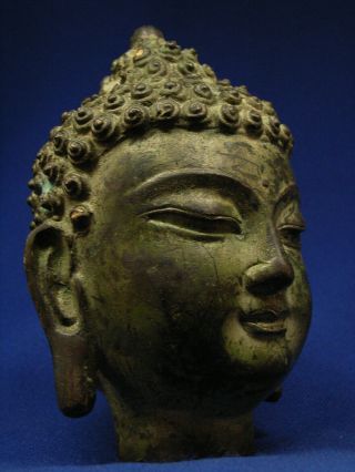 Antique Chinese Bronze Buddha Head Great Patina 2