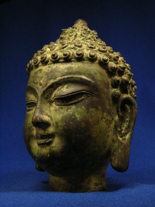 Antique Chinese Bronze Buddha Head Great Patina 8