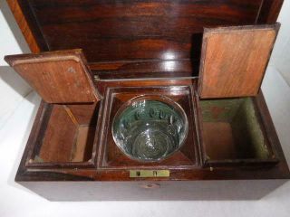 ANTIQUE 19th CENTURY ENGLISH MAHOGANY WOOD TEA CADDY FITTED COMPARTMENTS & BOWL 10