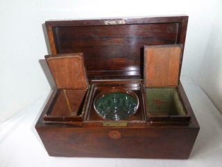 ANTIQUE 19th CENTURY ENGLISH MAHOGANY WOOD TEA CADDY FITTED COMPARTMENTS & BOWL 11