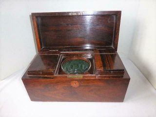 Antique 19th Century English Mahogany Wood Tea Caddy Fitted Compartments & Bowl