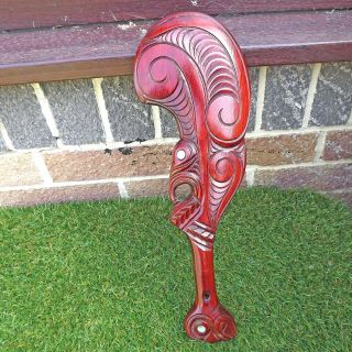 Large Vintage Carved Maori Wahaika Zealand Abalone Wood Carving Signed Tv?