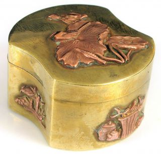 Antique Japanese Bronze & Copper Art Trinket Pill Box Lily Bird Chinese Ornate