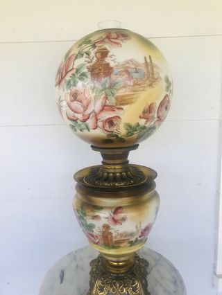 Antique 1890’s Banquet Oil Lamp Hand Painted Roses Gone With The Wind Gwtw P&a
