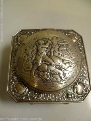 Antique 19th Century Continental Silver Box With Classical Fighting Scene