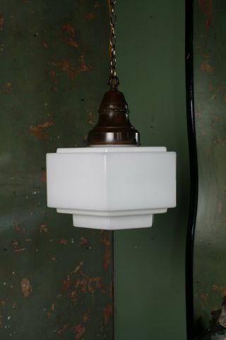 Large Art Deco Stepped Opaline Pendant Lighting Industrial Salvage Antique