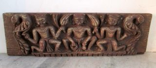 Antique Old Hand Carved Wooden Hindu Jain God Peacock Figure Statue Wall Panel 7