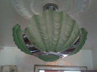 Rare 1930s Art Deco Chrome Frosted 5 Glass Odeon Clam Shell Ceiling Light
