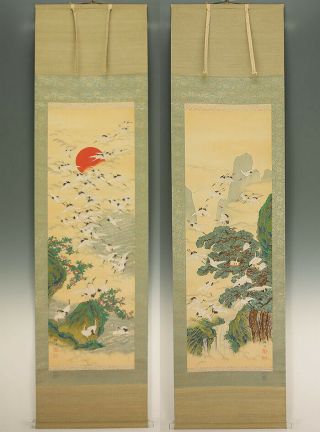 掛軸1967 Paired Hanging Scrolls : Fujiwara Shosen " Numerous Cranes " W/box @k492