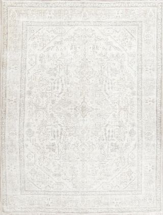 Geometric Light Color Ivory Silver Persian Low Pile Oriental Distressed Rug 8x11