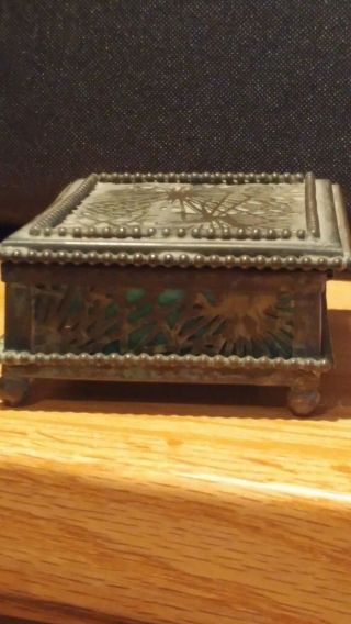 Antique TIFFANY STUDIOS Pine Needle Bronze Favrille Glass Trinket/Coin Box 10