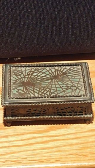 Antique Tiffany Studios Pine Needle Bronze Favrille Glass Trinket/coin Box