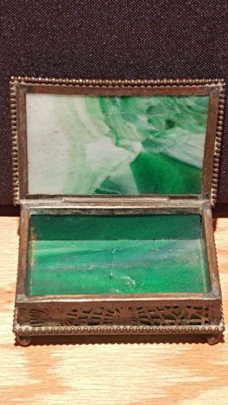 Antique TIFFANY STUDIOS Pine Needle Bronze Favrille Glass Trinket/Coin Box 2