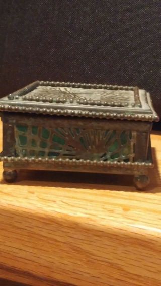 Antique TIFFANY STUDIOS Pine Needle Bronze Favrille Glass Trinket/Coin Box 8