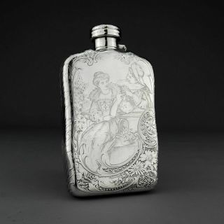Rare Antique Acid Etched Tiffany & Co.  Solid Sterling Silver Hip / Liquor Flask
