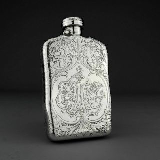RARE Antique Acid Etched Tiffany & Co.  Solid Sterling Silver Hip / Liquor Flask 2